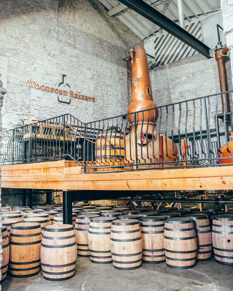 Bourbon Still and barrels at Woodford Reserve Distillery near Louisville Kentucky