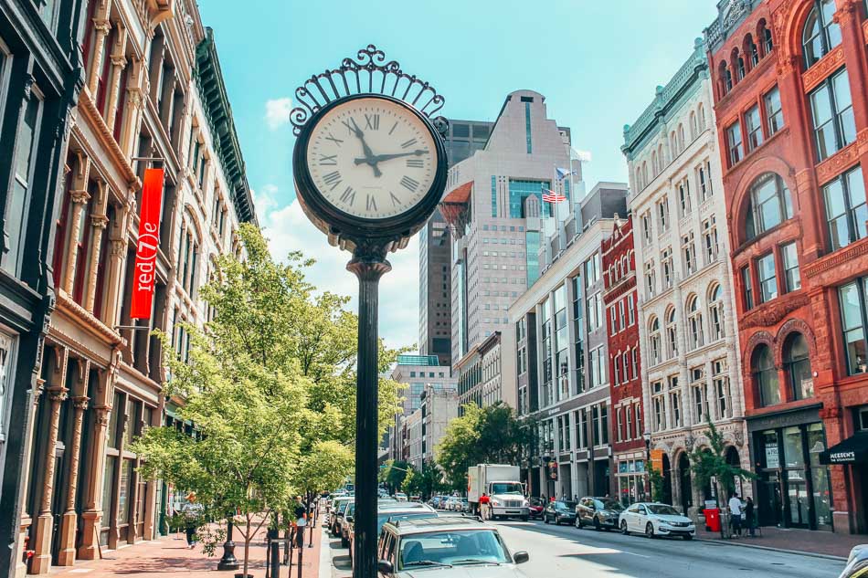 Clock and Street View in Downtown Louisville Kentucky