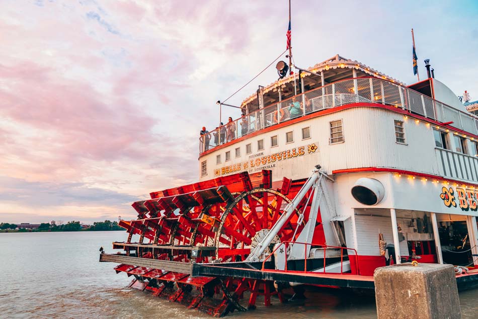 Belle of Louisville on the Ohio River at sunset before heading out on a sunset cruise