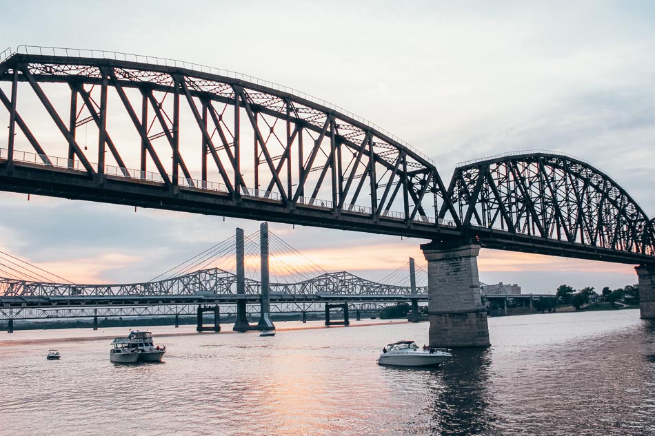 Bridges over Ohio River at Sunset in Louisville Kentucky