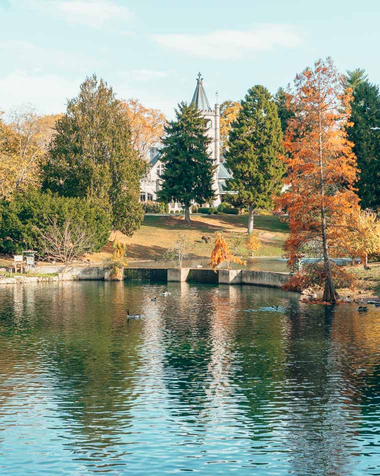 Cave Hill Cemetary pond in the fall in Louisville Kentucky