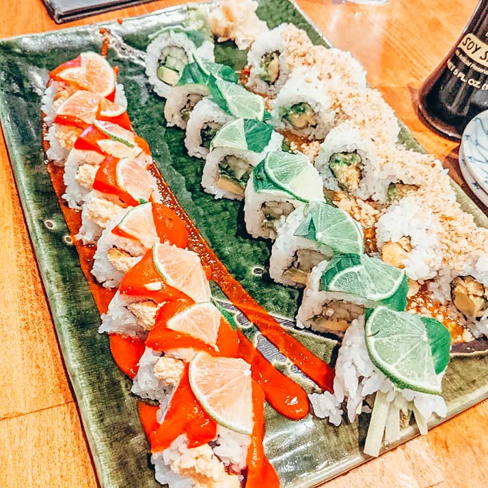 Coco Caliente roll , green acres roll, and avacado tempura roll from from dragon king's daughter in louisville ky