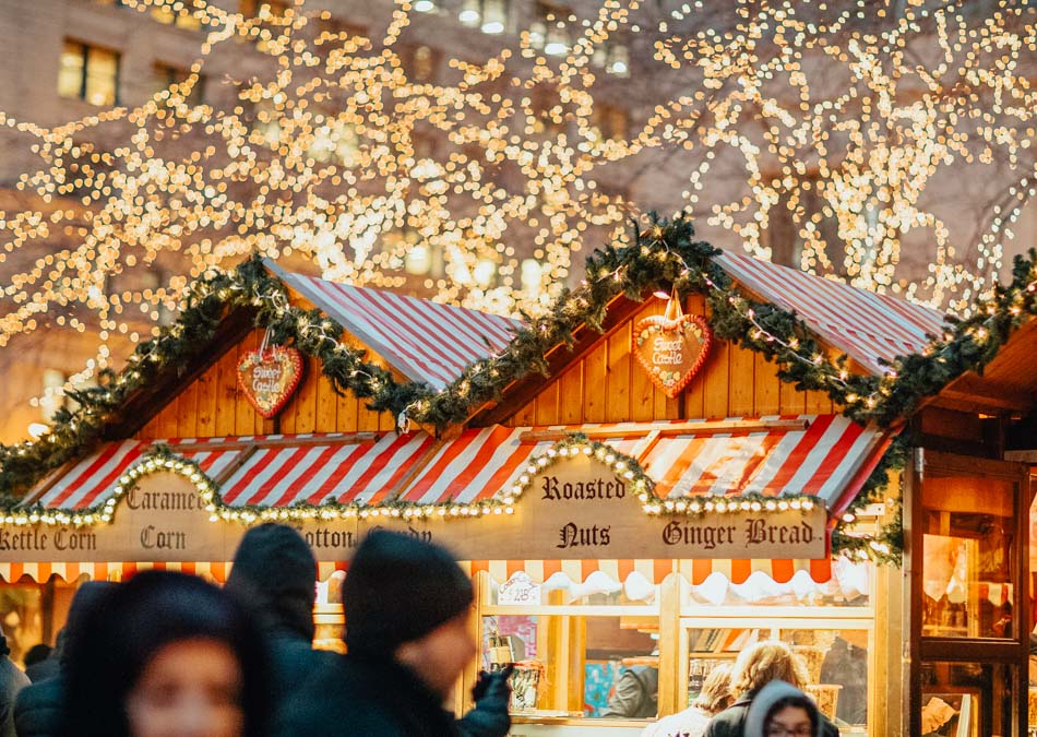 Lights and stands at the Christkindlmarkt Christmas market in Chicago, Illinois