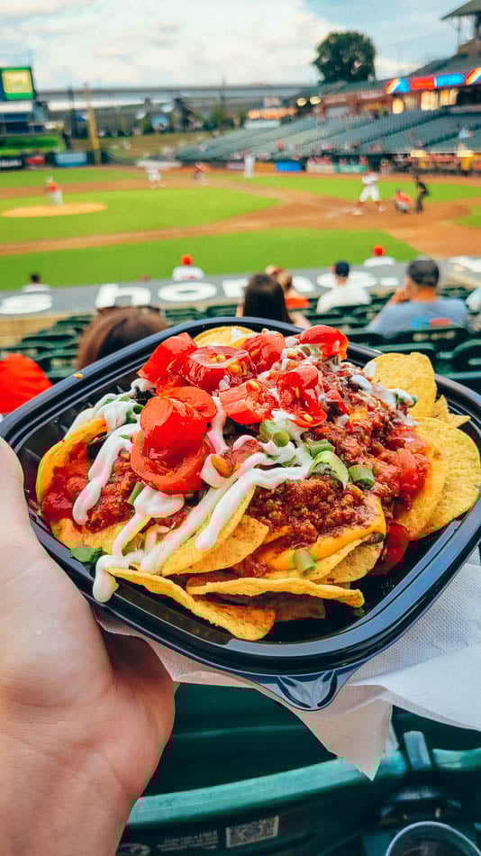 Plate of nachos at Louisville Slugger Field Bats baseball game in Louisville Kentucky