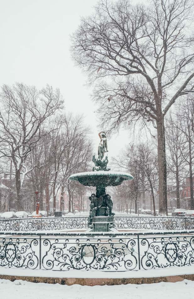 St. James Fountain in the snow wide shot Louisville, KY-Blog Photo-2