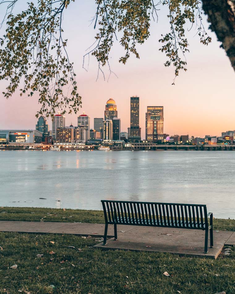 Sunset view of Louisville Kentucky on the Ohio River from Ashland Park in Clarksville Indiana
