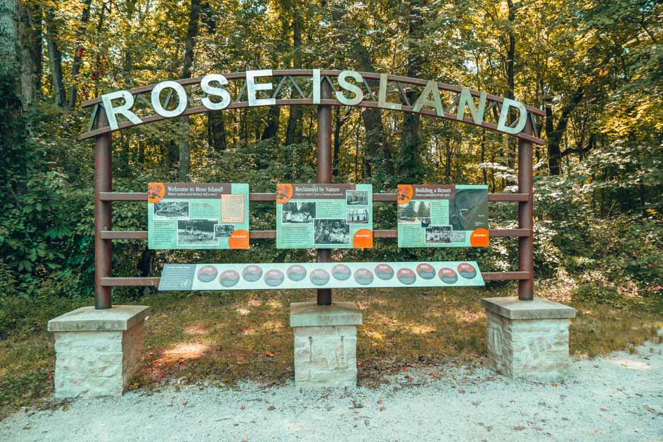 rose island sign at charlestown state park in indiana